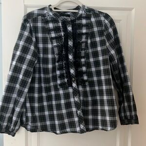 J.Crew Women's Holiday Button Blouse Medium Green Blue Plaid Embellished Ruffle